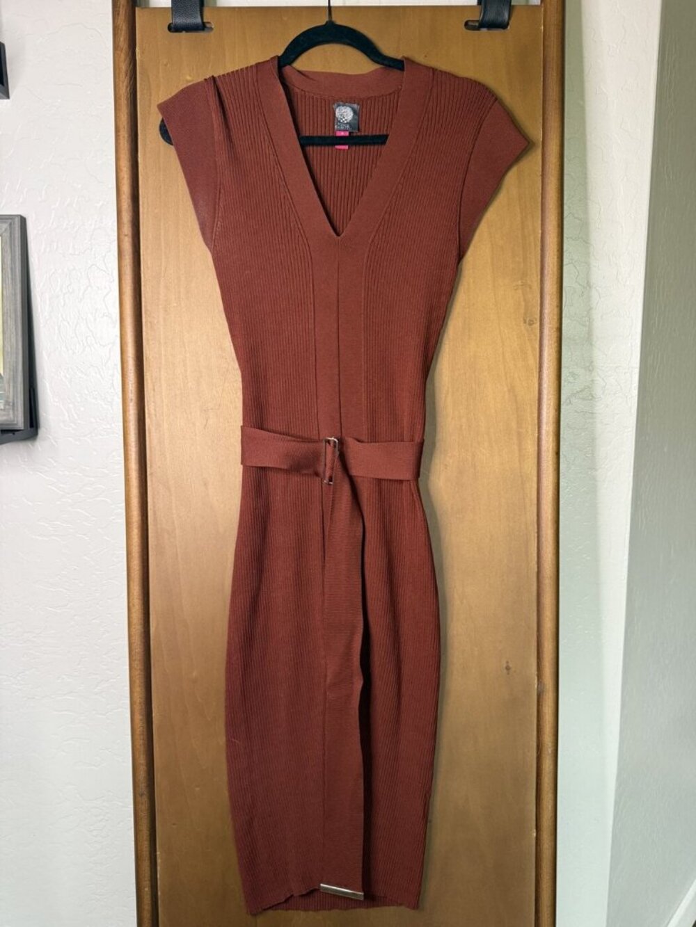 Vince Camuto Rust Ribbed Knit Belted Midi Dress Size M